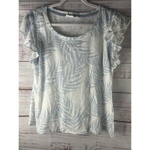 Jane & Delancey Blouse Women's Large Blue Palm Short Flutter Sleeve Round Neck